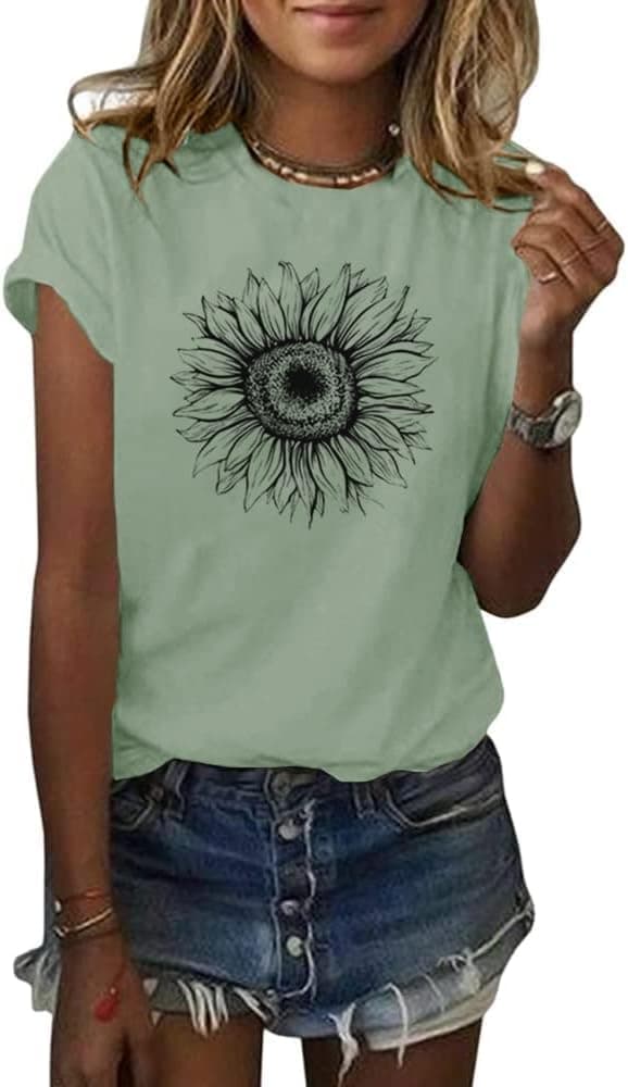 Detalle de Cicy Bell Damen Sonnenblumen T-Shirt mit kurzem Arm – lässiges Grafikshirt für den Sommer