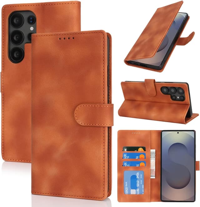 Detalle de Zouzt Hülle für Samsung Galaxy S25 Ultra – stoßfeste PU-Leder Flip-Hülle mit Kartenhalter und Standfunktion (Vintage Hellbraun)