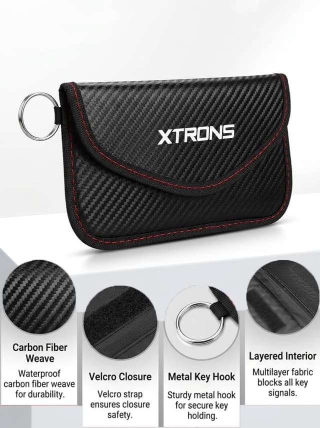 Detalle 2 de XTRONS Faraday Pouch for Car Keys & Phone (RFID Signal Blocking) with Sturdy Hook, Black