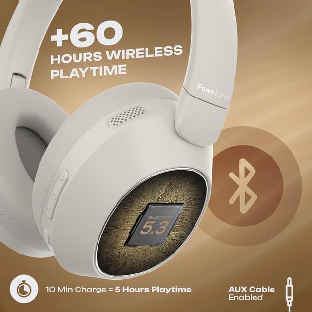 Detalle de PowerLocus Hybrid Active Noise Cancelling Over-Ear Headphones (Bluetooth 5.3, 60-hour playtime)
