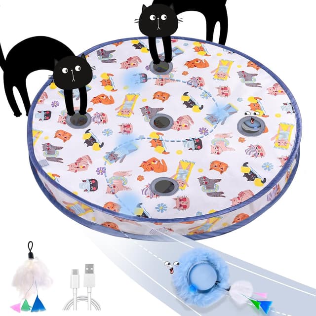 Detalle de GoldenSun Katzenspielzeug Bewegungs-Zwitscher-aktivierter Ball mit 5-Loch-Versteckspiel (blau)