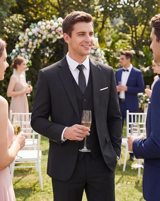 Detalle de WULFUL Men’s Slim Fit 3-Piece Suit Set (Two-Button Blazer, Vest & Pants)