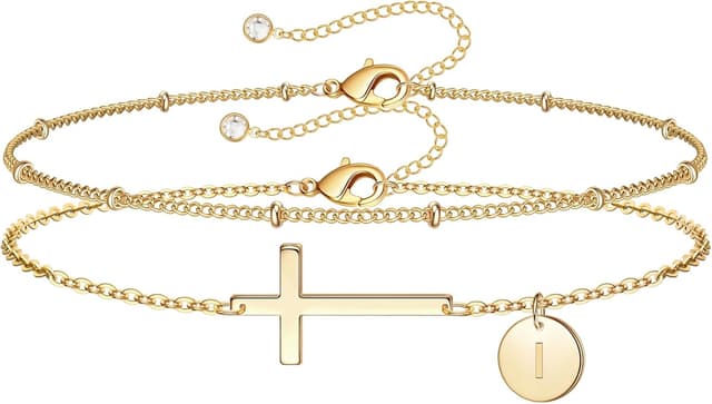Detalle de TINGN Armband Damen Gold mit Kreuz – 14K Gold vergoldet, personalisiertes Monogramm