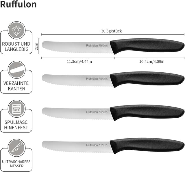 Detalle de Ruffulon Frühstücksmesser-Set (2 Stück) mit Wellenschliff – Edelstahl-Tafelmesser für Brot & Tomaten