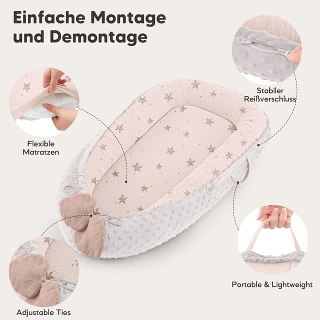Detalle 2 de Bearmoss Babynestchen Kuschelnest für Neugeborene, tragbar & zweiseitig, 90 x 55 cm (Rosa Stern)