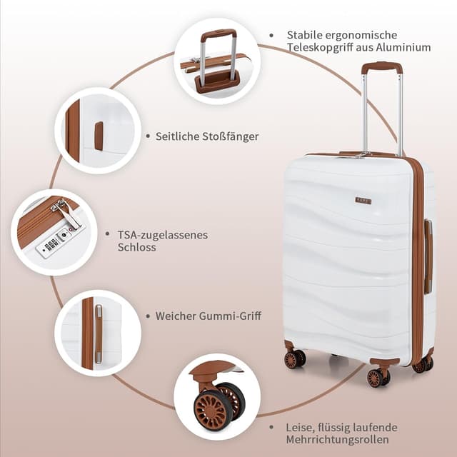 Detalle de KONO Groß Koffer 75 cm (75 x 52 x 30 cm) mit 4 Rollen und TSA-Schloss – leichter Hartschalen-Reisekoffer in Weiß