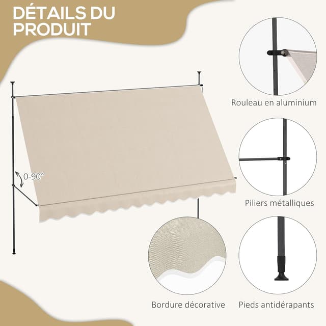 Detalle 2 de Outsunny Store banne autoportant manuel rétractable à inclinaison réglable, sans perçage (polyester sable)