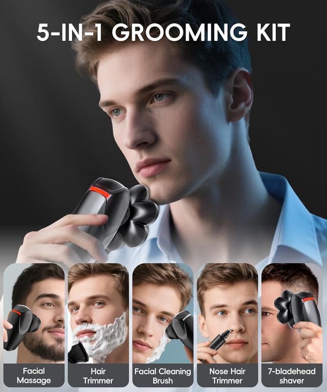 Detalle de MALEGEBAZ 5-in-1 7D Rotary Electric Head Shaver Kit for Bald Men (IPX8 Wet/Dry)