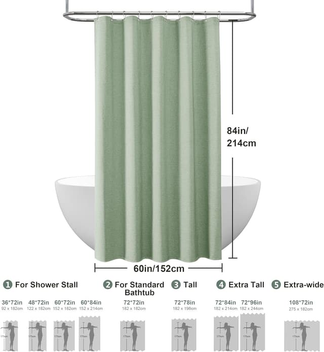 Detalle 2 de Rideau de douche en lin polyester VANZAVANZU avec anneaux métalliques imperméable anti-moisissures, vert sauge 152x214 cm