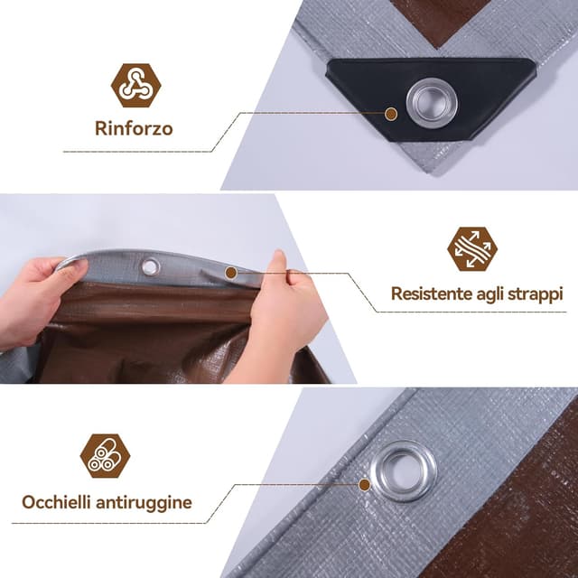 Detalle de COVALL Telone impermeabile 150g/㎡ 3×4 m (argento/marrone) con occhielli rinforzati