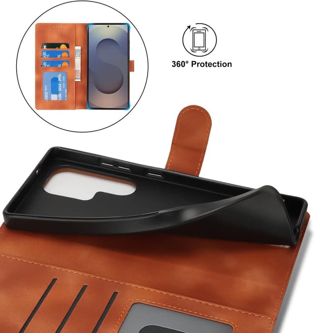 Thumbnail 6 de Zouzt Hülle für Samsung Galaxy S25 Ultra – stoßfeste PU-Leder Flip-Hülle mit Kartenhalter und Standfunktion (Vintage Hellbraun)