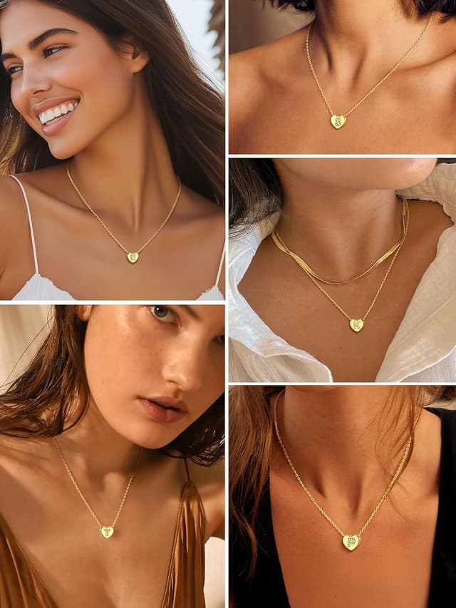 Detalle de GoldChic Herzkette Damen Kette mit Buchstaben-Anhänger, Kupfer/14K vergoldet, 41 cm + 5 cm