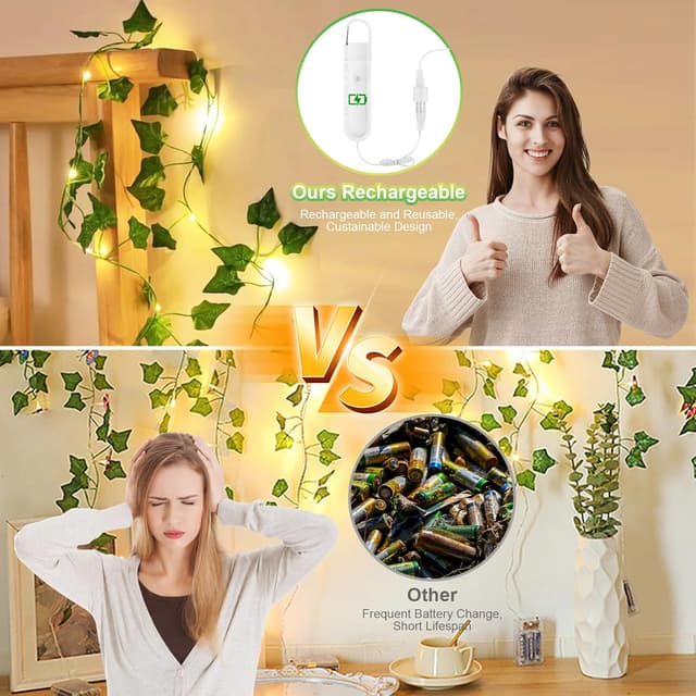 Detalle de A.bigwhale Efeu-Lichterkette mit Timer – künstliche Efeu-Girlande mit 20 LEDs (USB-aufladbar)