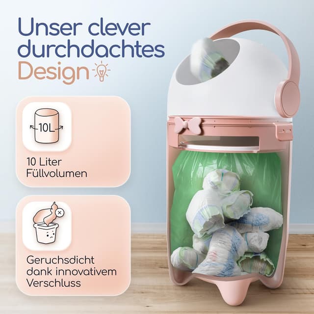 Detalle de Levias® Windeleimer Baby mit Geruchsdichtung – 10 l Windelmülleimer für Wickelstation ohne teure Nachfüllkassetten
