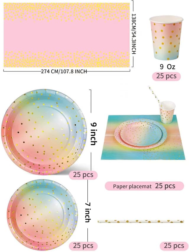 Detalle de Nkaiso 126-Piece Rainbow & Gold Party Tableware Set for 25 Guests