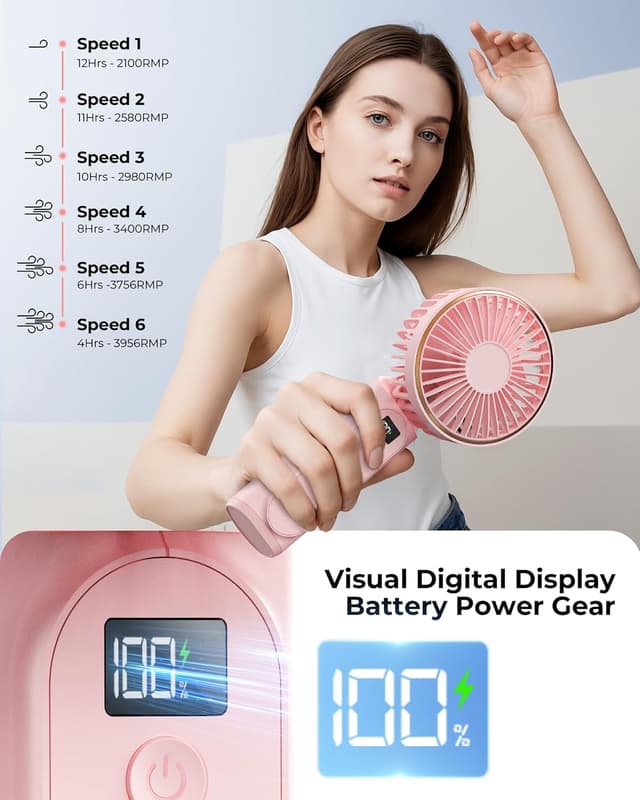 Detalle de TUNISE TUNISE Handheld Portable Fan (4000mAh) with LED display, 180° adjustable rechargeable