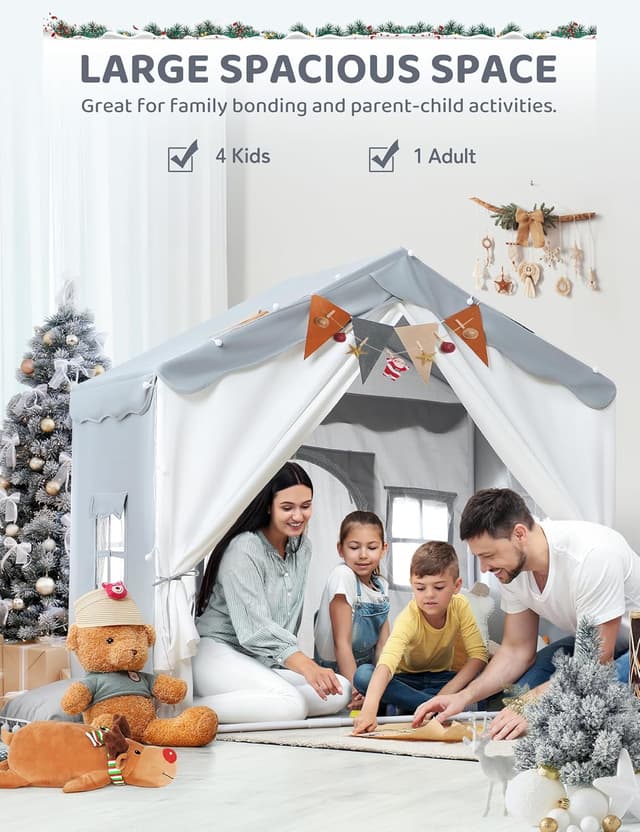 Detalle de besrey 2-in-1 Kinderzelt Indoor „Spielhaus“ mit Matte (130 x 90 x 130 cm), Spielzelt/Bettzelt für drinnen ab 3 Jahren – Grau