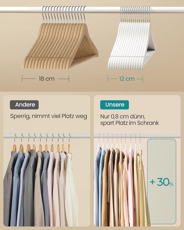 Detalle de SONGMICS Kleiderbügel aus Birkenholz (CRW040W01), 20er Set mit 360° drehbarem Haken