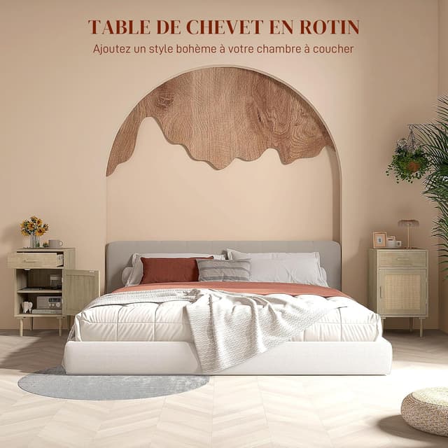 Detalle 2 de HOMCOM Table de chevet bohème naturelle avec placard, étagère réglable et tiroir – 40 x 40 x 68,5 cm