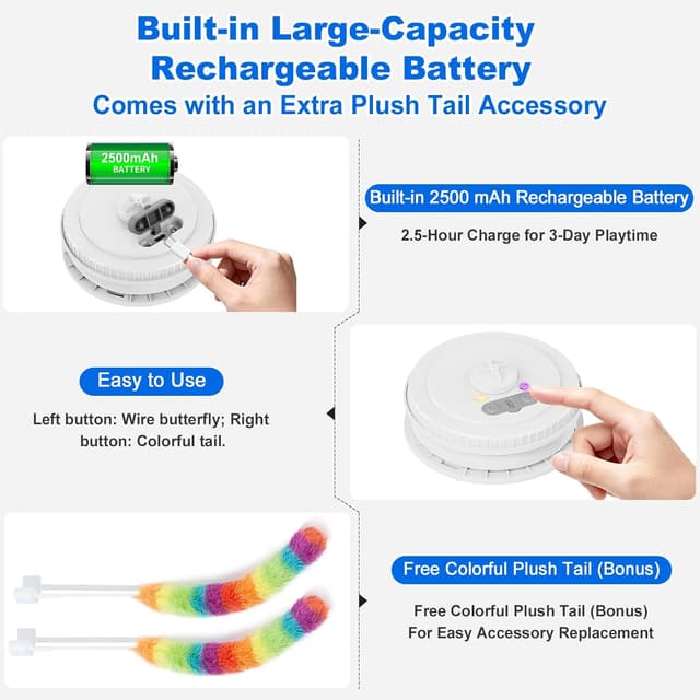 Detalle 1 de Qraxond Giocattolo interattivo ricaricabile per gatti con attivazione tattile e farfalla vibrante