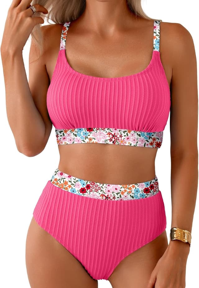 Detalle de Herseas Women's Textured Bikini Sets Floral Print Trim Scoop Neck (High-Waisted)