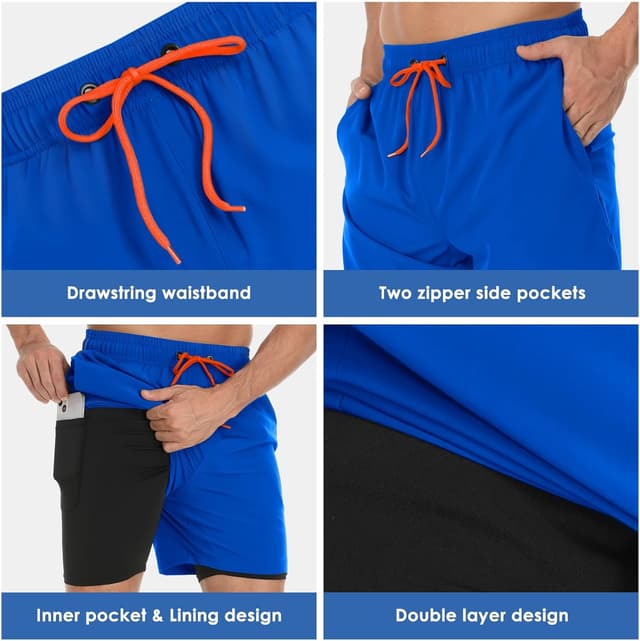 Detalle 2 de Badehose Herren 2-in-1 Schnelltrocknend mit Innenhose und Reißverschlusstaschen