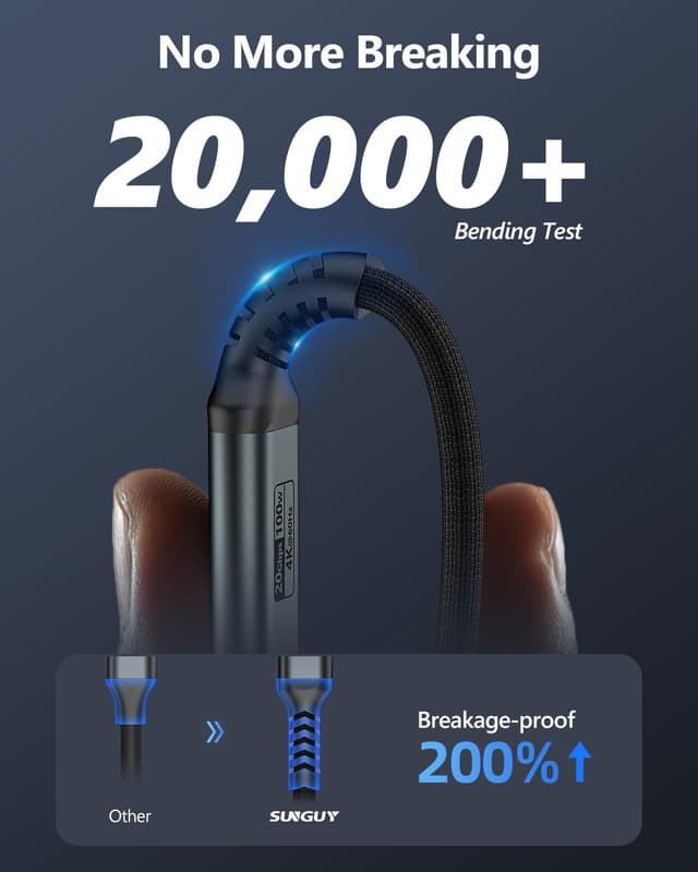 Detalle de SUNGUY USB‑C auf USB‑C Kabel 3 m (100 W, 20 Gbit/s, 4K@60 Hz) mit 90°‑Stecker