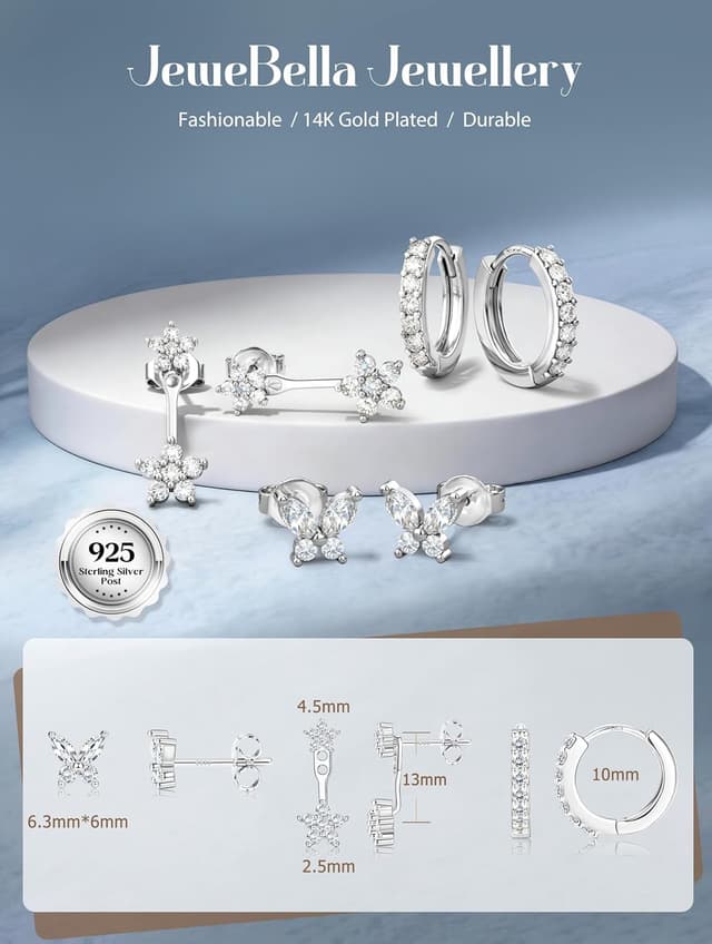Detalle 2 de JeweBella 3 Paar Ohrringe aus Sterlingsilber 925 Set: kleine Ohrstecker & Creolen mit Zirkonia