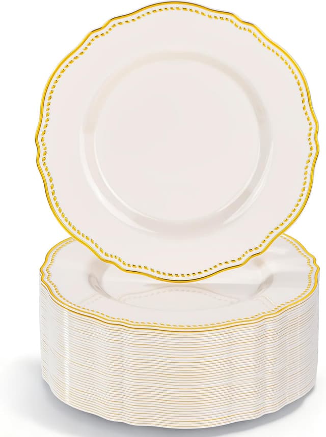 Detalle de Hioasis 60pc Ivory & Gold Disposable Dinnerware Plates (7-inch) for Parties and Weddings