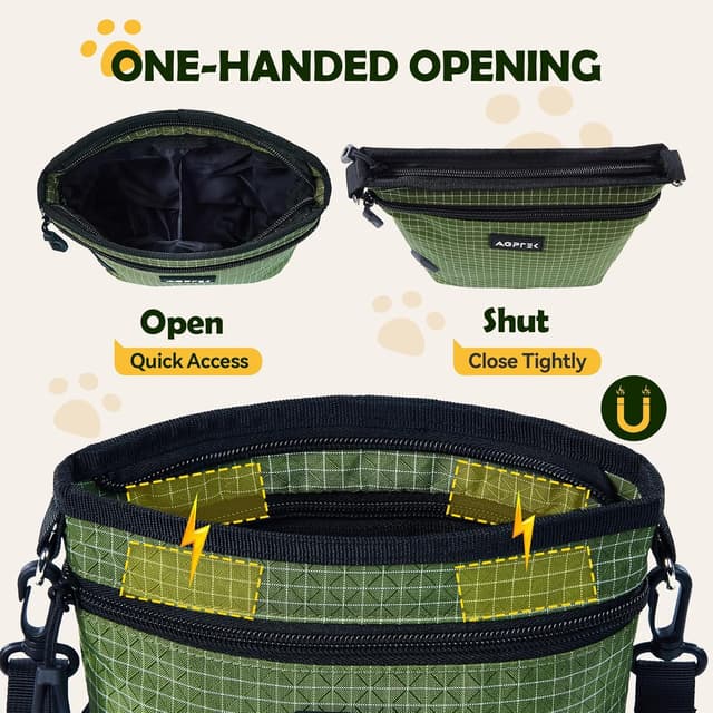 Detalle de AGPTEK sac à friandises pour chien avec fermeture magnétique et compartiments amovibles, vert