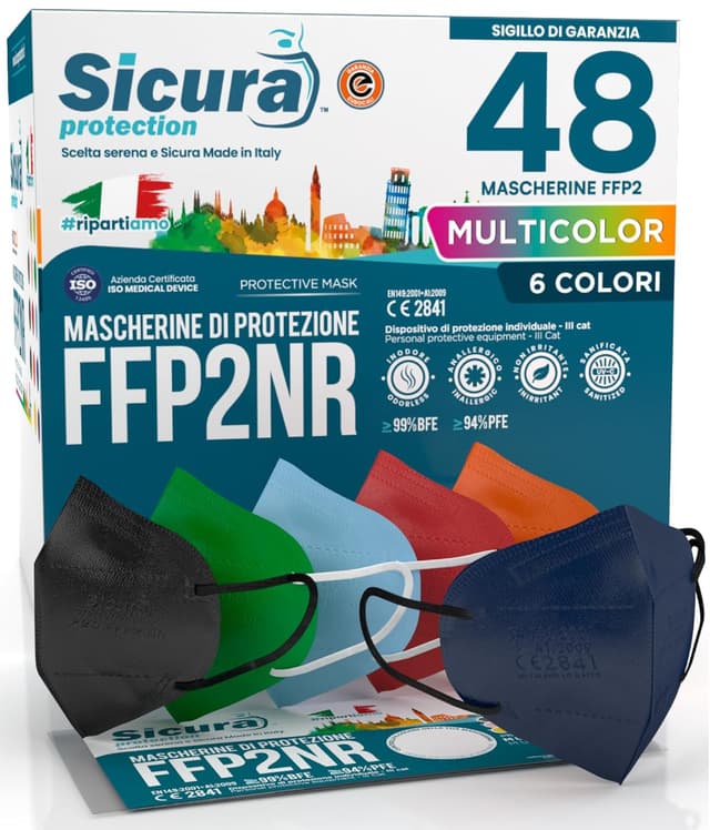 Detalle de 48 Mascherine FFP2 certificate CE SICURA Protection (BFE ≥99%) in 6 colori, Made in Italy