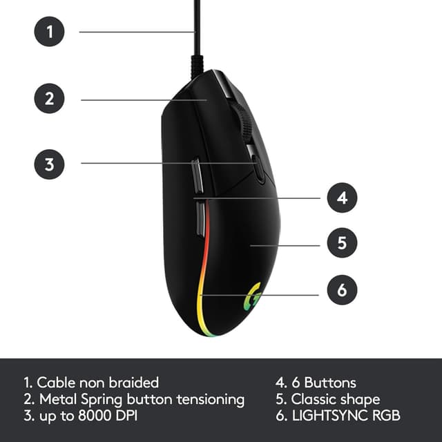 Detalle 2 de Logitech G203 LIGHTSYNC Gaming Mouse (8,000 DPI) with Customisable RGB