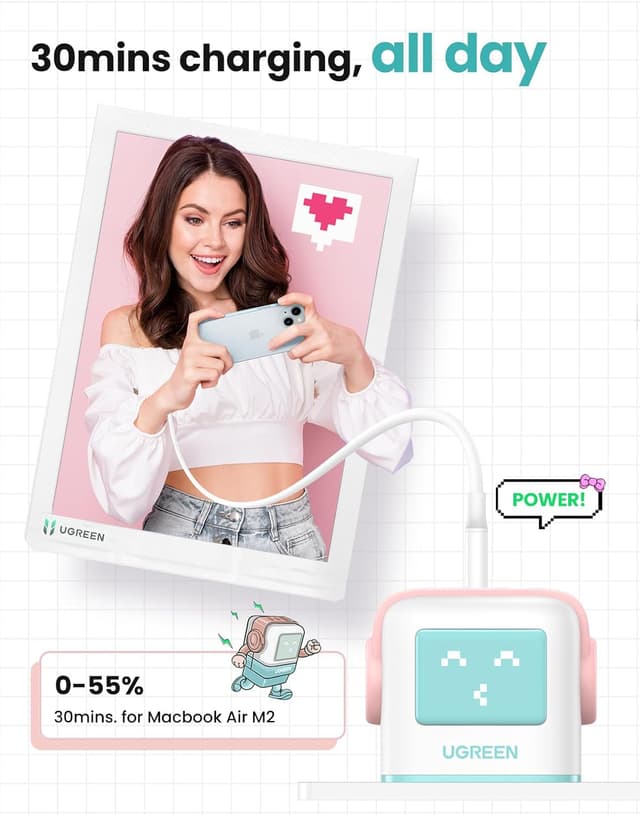 Detalle de UGREEN Uno Charger 65W USB-C GaN Nexode 3-Port (Blue) — 65W fast charger with charge-status display