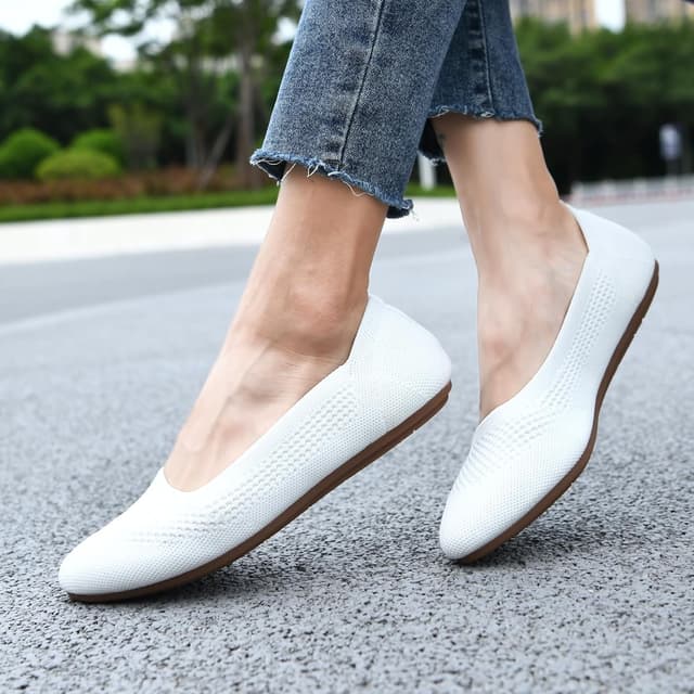 Detalle de Puxowe Damen Strick-Ballerinas mit Rundkappe: bequeme Slip-On Flats für Spaziergänge