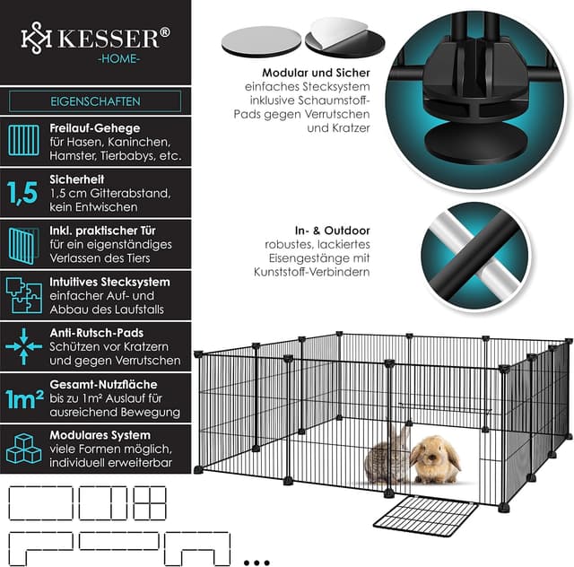 Detalle 2 de KESSER® Freigehege Gittergehege für Kaninchen (Metallgitter, XXL) inkl. Komplettset & Flasche – Laufgitter für innen/außen
