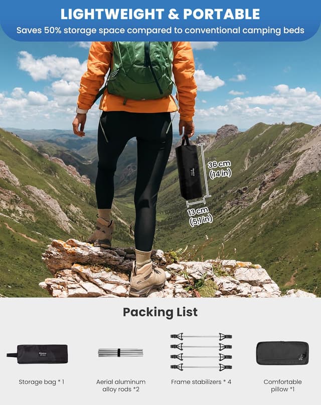 Detalle de KingCamp Ultralight Folding Camping Cot (5.4 lbs) – Portable compact camping bed for up to 300 lbs