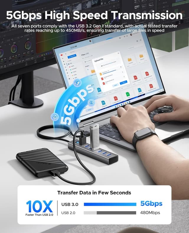 Detalle de ORICO 7-Port USB 3.0 Hub (Aluminium) with 100 cm USB Cable, up to 5Gbps data