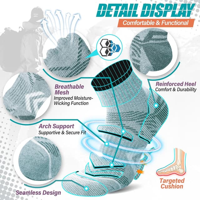 Detalle de ANTSANG 6 Pairs Merino Wool Quarter Socks with Compression Support (Running, Walking & Hiking)