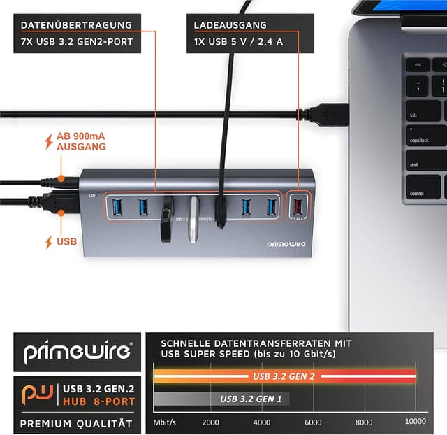 Detalle 1 de CSL 8-Port USB 3.2 Gen.2 Hub (10 Gbit/s) mit Netzteil & Ladeport – 8x USB + Smart Charge