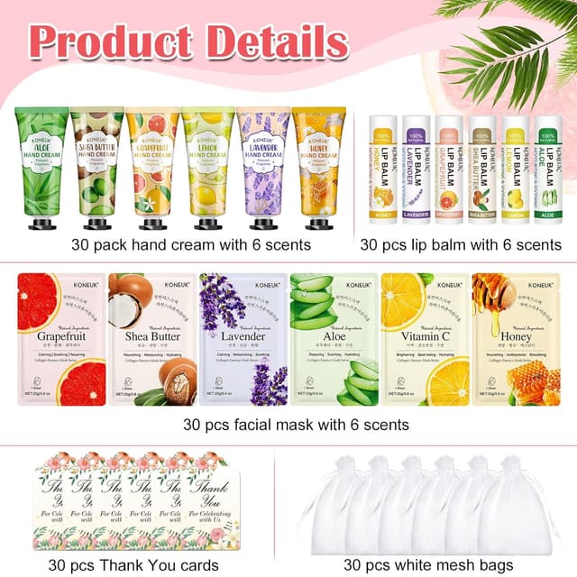 Detalle 2 de KONEUK 30-Pack Bulk Facial Mask, Hand Cream & Lip Balm Sets for Easter Baskets, Teachers, Nurses & More