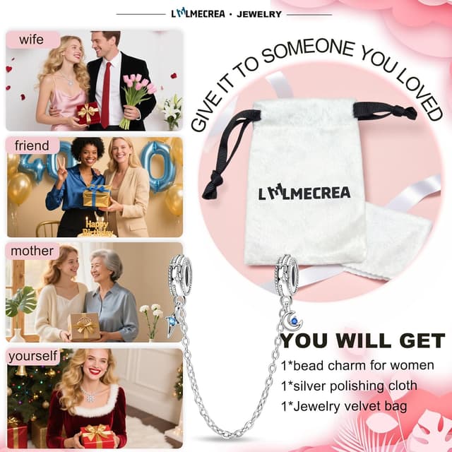 Detalle de LMLMECREA Damen Sicherheitskette aus 925 Silber für Charm-Armband (Stern & Mond)