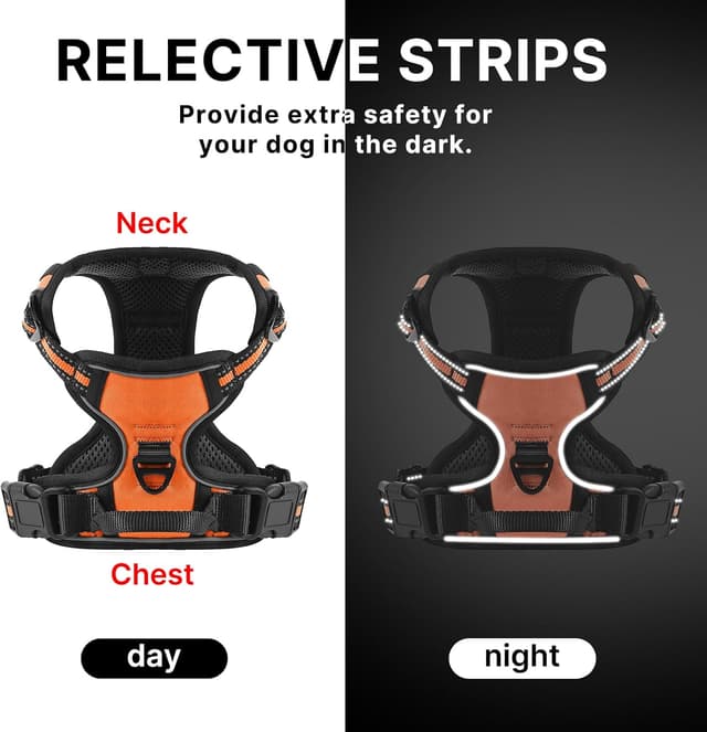 Detalle 2 de Belababy Adjustable Reflective No Pull Dog Harness (Front Clip) with Control Handle, Orange, Size M