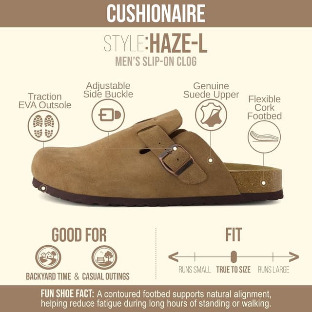 Detalle de CUSHIONAIRE Haze Genuine Suede Leather Mens Clogs (Comfortable Slip-On with Adjustable Buckle)