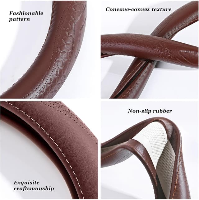 Detalle 2 de Menifomory Genuine Leather Steering Wheel Cover (Cowhide) – Universal 15 inch fit, C-Brown