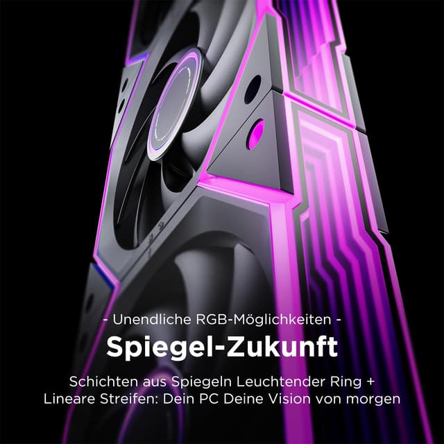 Detalle de AsiaHorse NyotaUltra ARGB PC-Lüfter 120 mm (3er-Set) mit Daisy Chain & Infinity Mirror – Vorwärts (Auspuff)