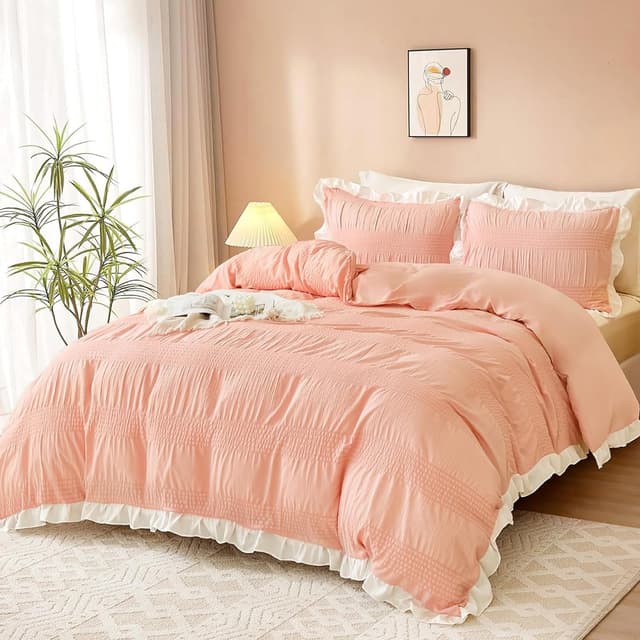 Detalle 2 de Guchuang King Size Pink Ruffled Duvet Cover Set (3-piece) with hidden zipper