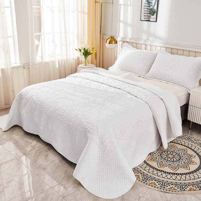 Detalle de MarCielo 3-Piece 100% Cotton Oversized Bedspread Quilt Coverlet Set (Bright White, Oversized King)