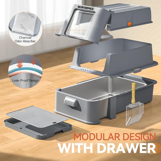 Detalle 1 de Wooaidagg Edelstahl-Katzentoilette mit Deckel und Geruchskontrolle (geschlossen, mit Aktivkohlefilter) – dunkelgrau
