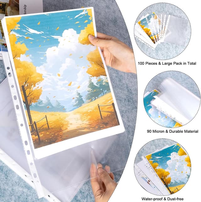 Detalle de Reaeonat Punched Pockets A4 Clear Plastic Wallets (100 Pack) – 90 Micron Extra Strong Top Loading