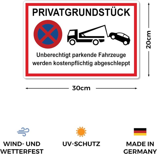 Detalle 2 de 2x Privatgrundstück-Schild „unberechtigt parkende Fahrzeuge werden kostenpflichtig abgeschleppt“ (20 x 30 cm, PVC-Hartschaum, UV-Schutz) von STROBO